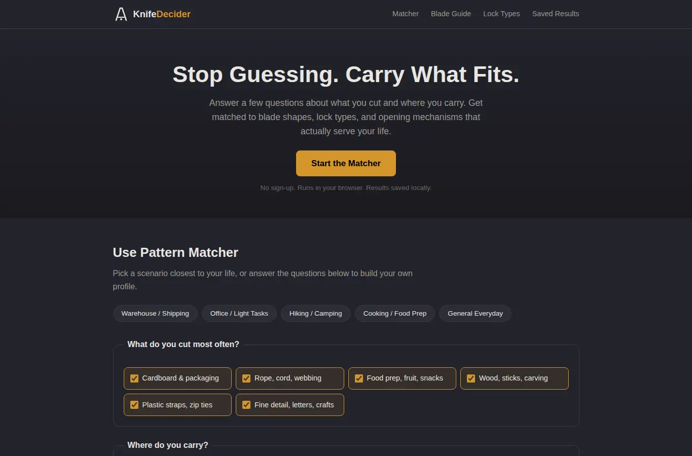 Screenshot of Pocket Knife Use Decider interface showing the project page in use